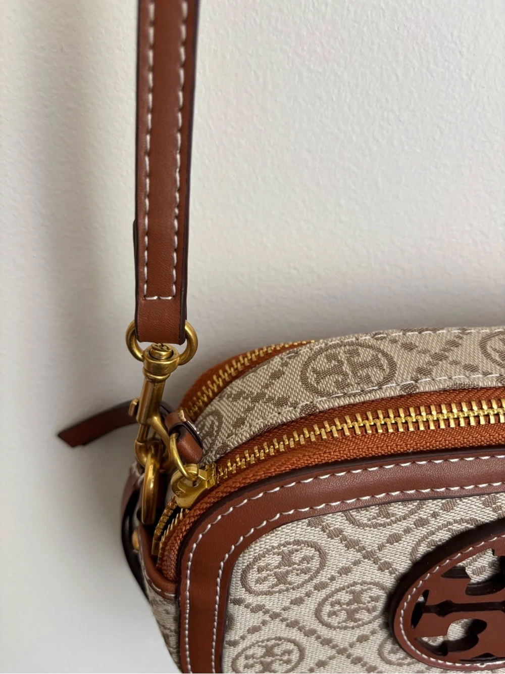 Tory Burch Brown and Cream Logo Crossbody Camera Bag